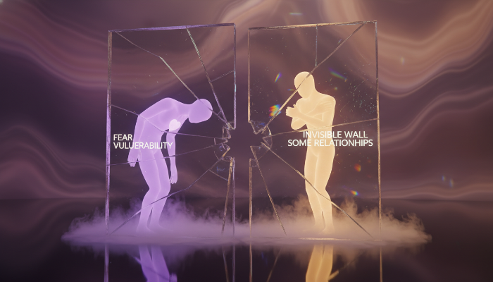 사람 사이의 투명한 유리벽과 보라색 조명을 통해 관계의 심리적 장벽을 표현한 추상적인 이미지
