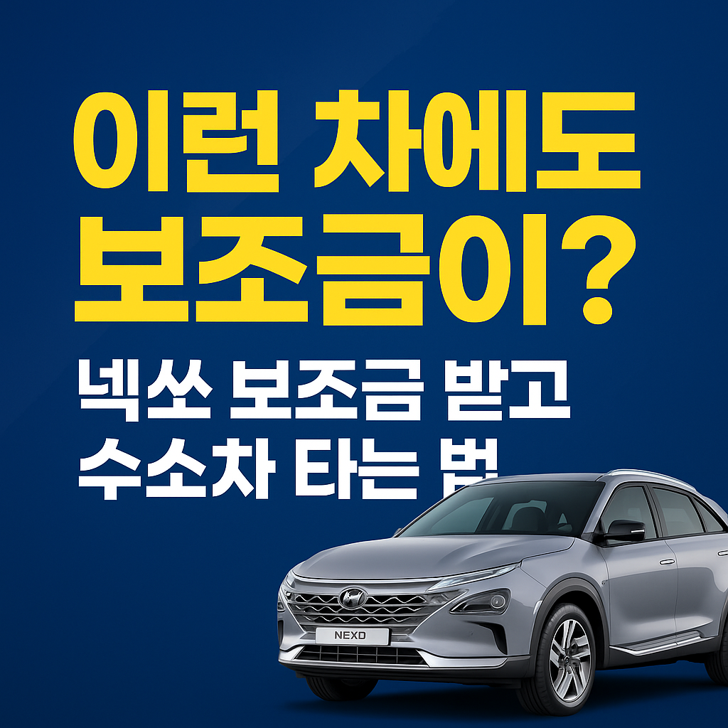 넥쏘 차량과 함께 "이런 차에도 보조금이?"라는 문구가 쓰인 수소차 보조금 홍보 썸네일 이미지