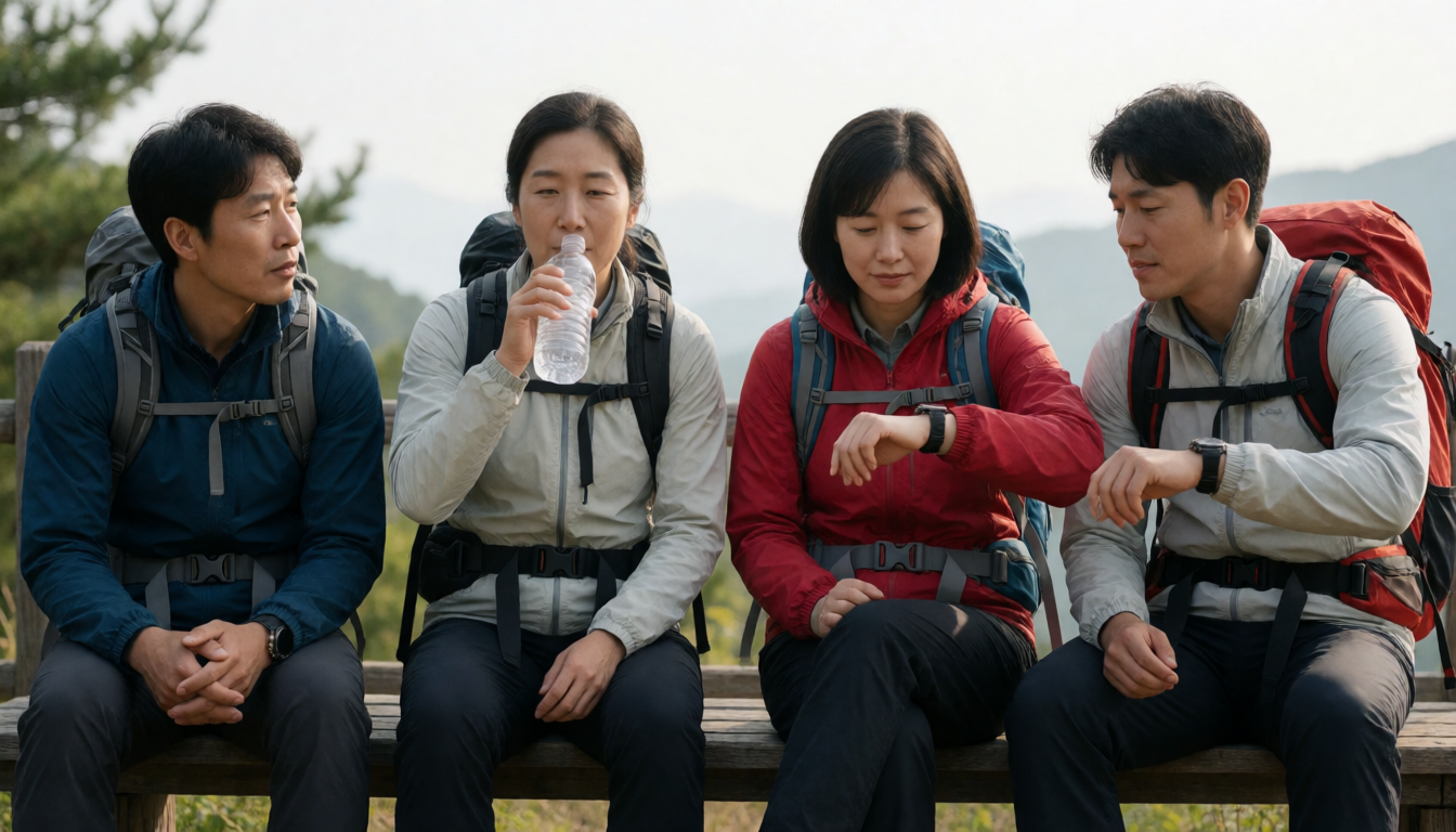 숲길 쉼터에서 물을 마시고 손목시계를 보는 등산객 네 명