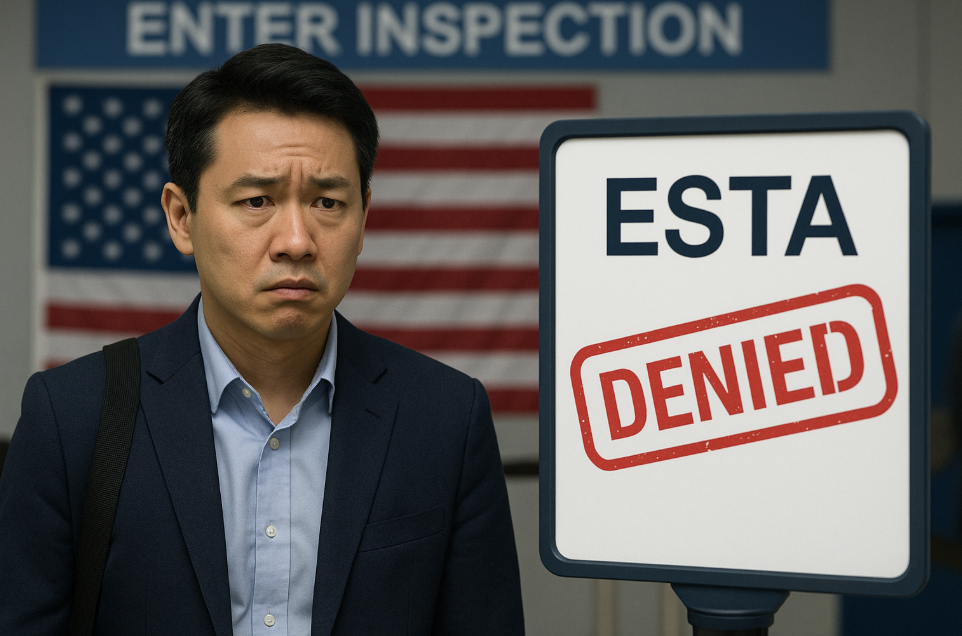 공항에서 입국 심사 중 긴장된 표정의 출장자 이미지