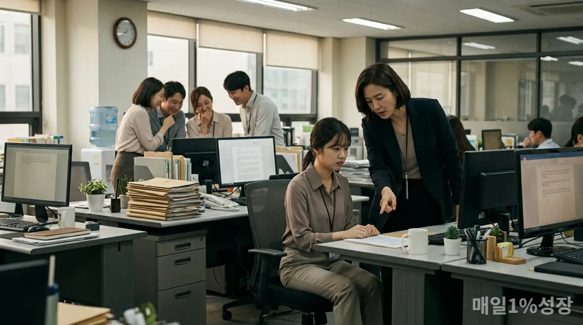 한국 직장에서 언어적 괴롭힘, 따돌림, 과도한 업무 지시 등 다양한 직장 내 괴롭힘 유형을 보여주는 장면.