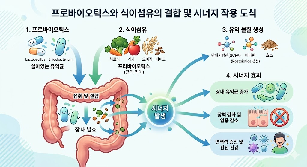프로바이오틱스와 프리바이오틱스의 차이 및 시너지 효과 설명 차트