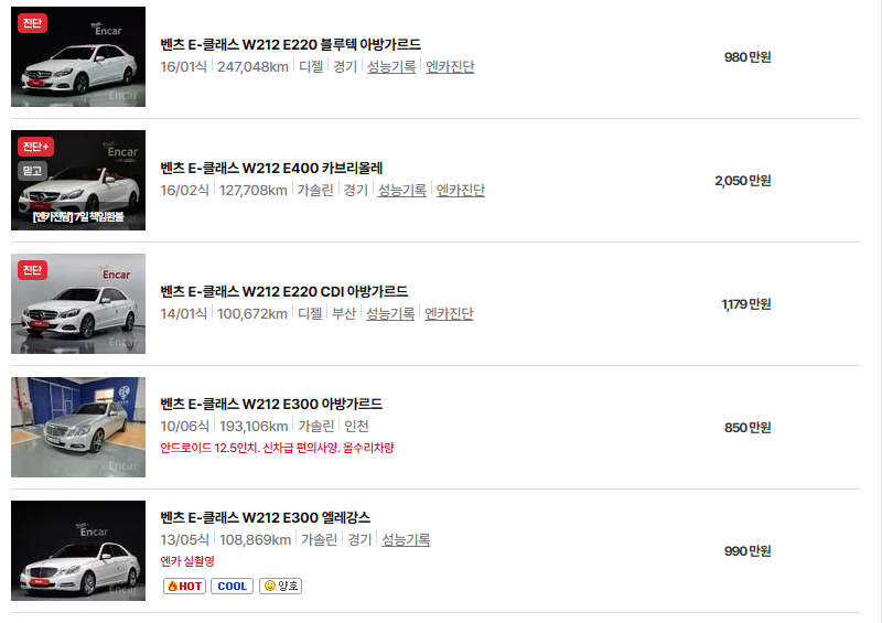 벤츠 E 클래스 중고차 가격 시세표 유지비