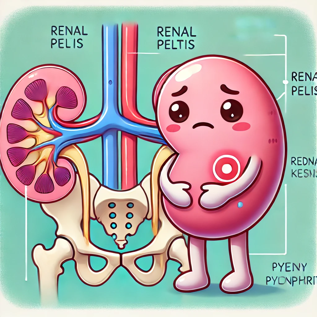 신장의 해부학 구조가 그려져 있고 오른쪽에 신장 캐릭터가 아파서 찡그리고 있는 일러스트