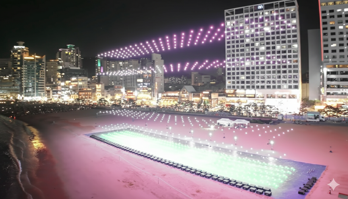2025년 광안리 M 드론라이트쇼가 펼쳐지는 부산 광안리 해변의 밤 풍경. 수백 대의 드론이 광안대교 상공에서 화려한 빛의 공연을 선보이고 있다.