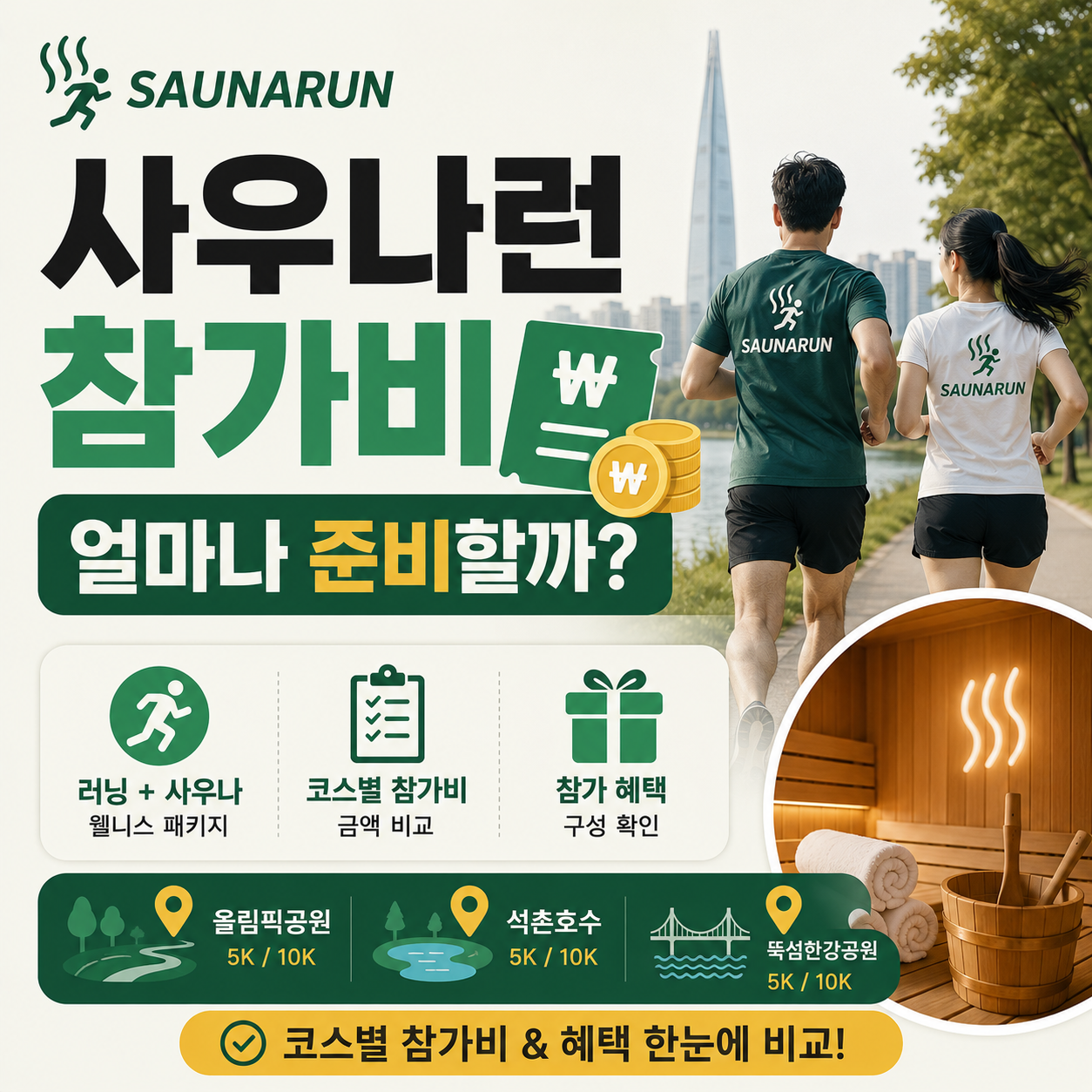 사우나런 참가비와 코스별 혜택을 보여주는 이미지
