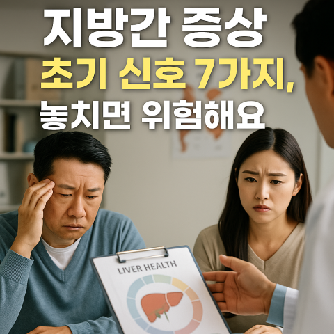 지방간 초기 증상을 설명하는 한국인 남녀의 건강 이미지