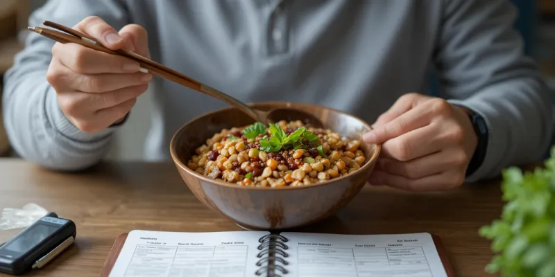 혈당 기록장 옆에서 건강식을 먹는 남성의 모습