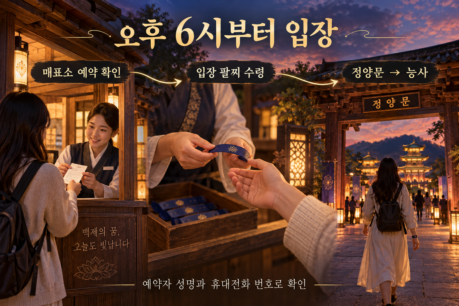 백제문화단지 매표소 예약 확인, 팔찌 수령, 정양문을 지나 능사 입장