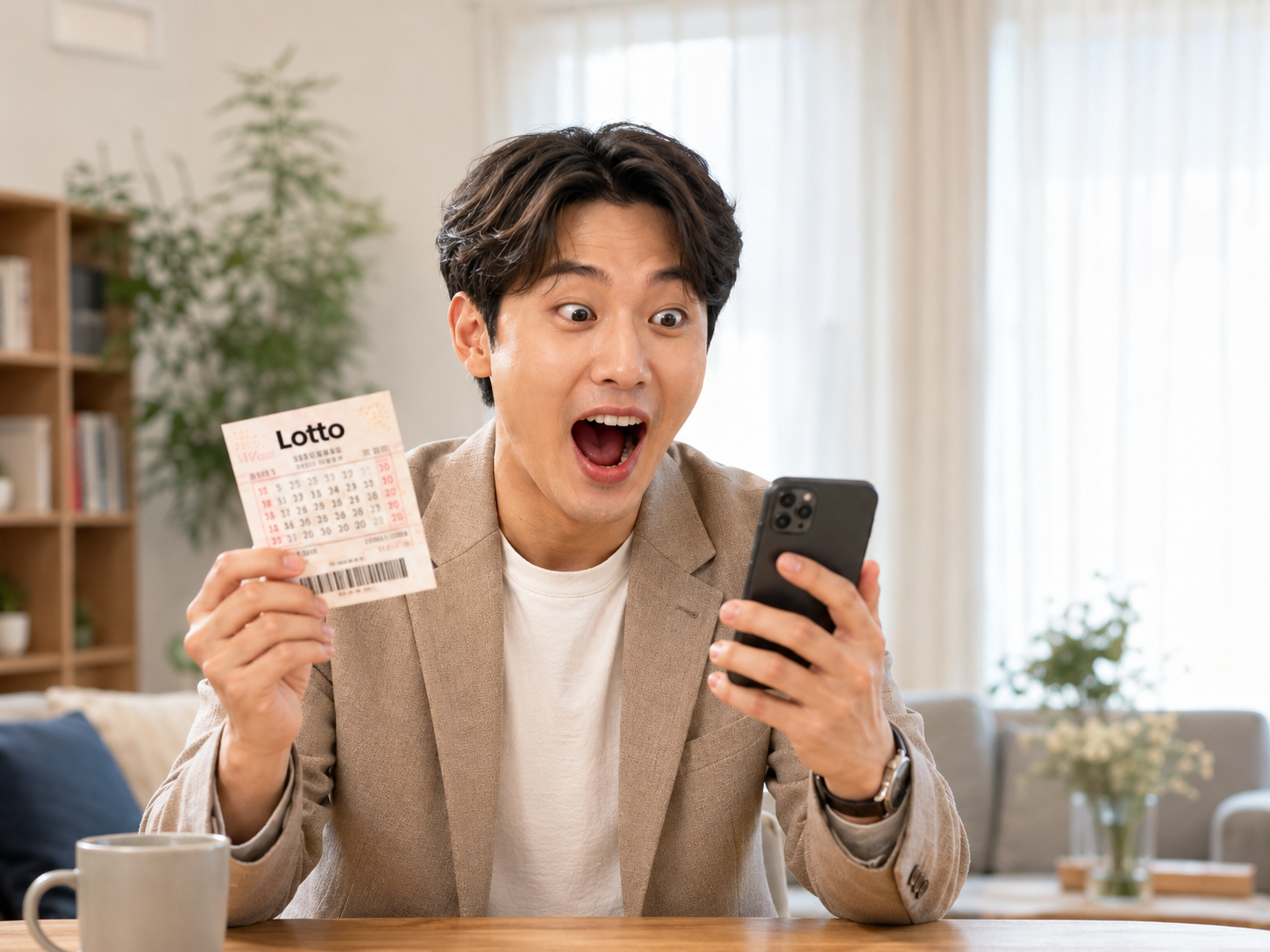 로또 당첨복권과 휴대전화를 보며 1등 당첨 사실을 확인하는 모습