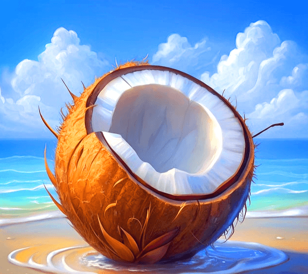 해변가에 아주 커다란 코코넛이 있다. 겉은 갈색이 단단한 껍질이 있고 속은 새하얀 속살이 가득하다. 뒤에는 파란 바다와 파란 하늘, 하얀 구름이 있다.