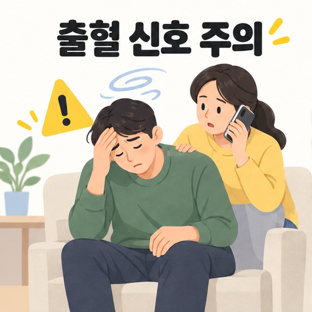 어지러운 사람이 앉아 있고 보호자가 전화로 도움을 요청하는 그림