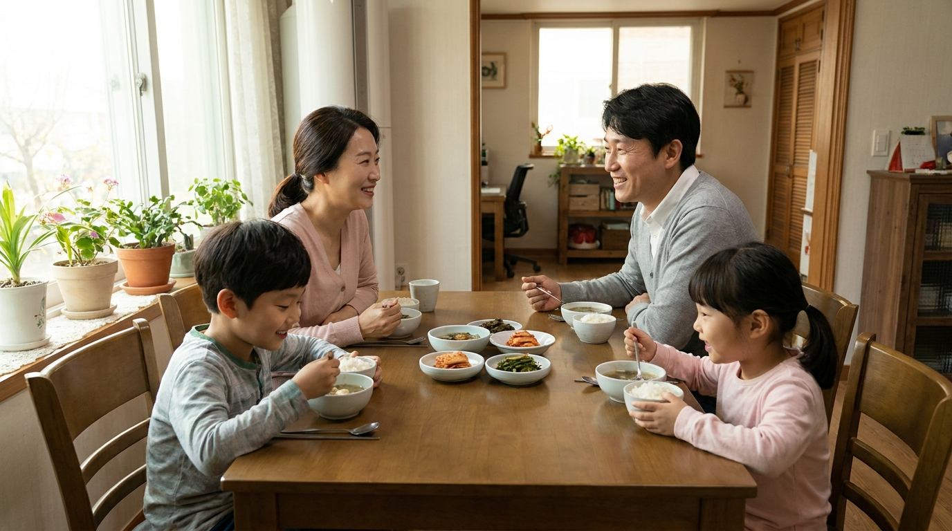 두 아이와 함께 식탁에 앉아있는 맞벌이 부부