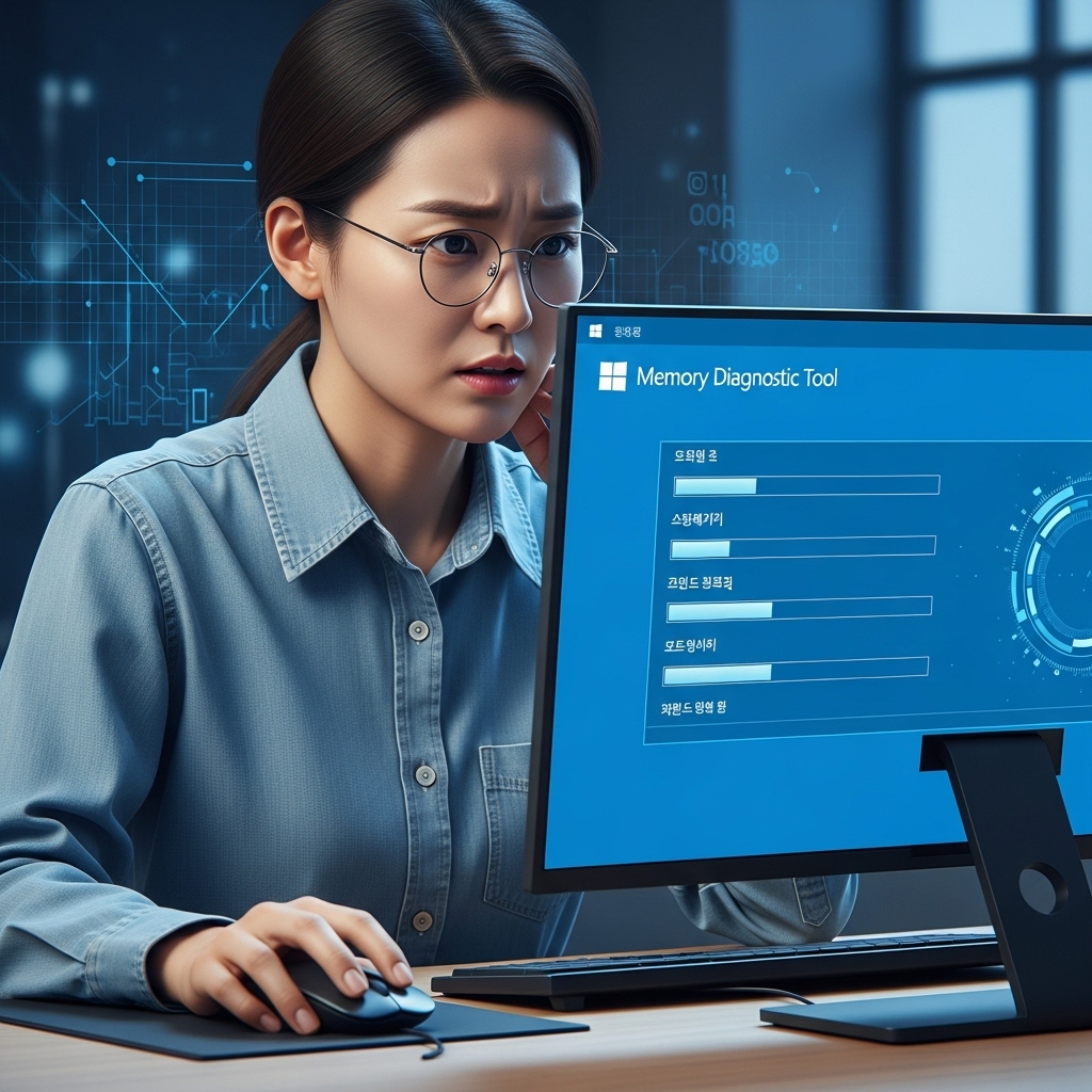 윈도우 메모리 진단 도구를 사용하여 컴퓨터 문제를 해결하려는 한국인 사용자의 모습