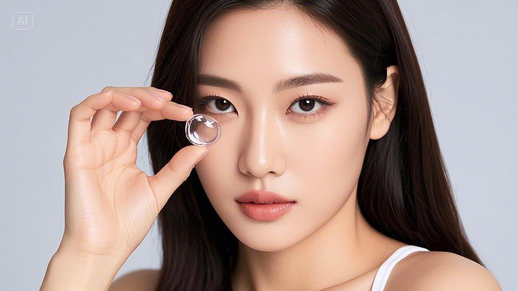 A woman is holding a contact lens.