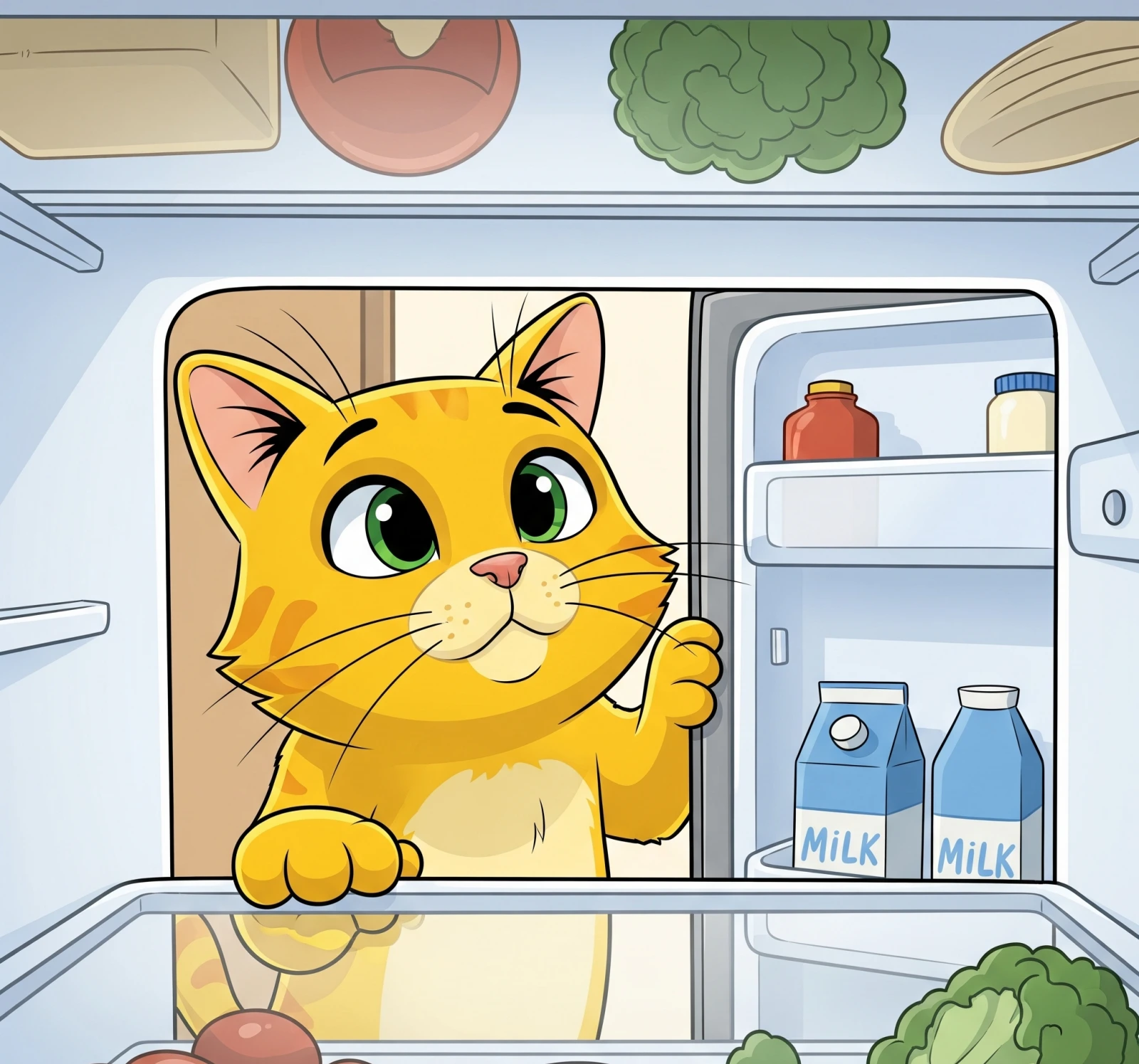냉장고 안을 확인하는 고양이 그림, Picture of a cat checking inside the refrigerator