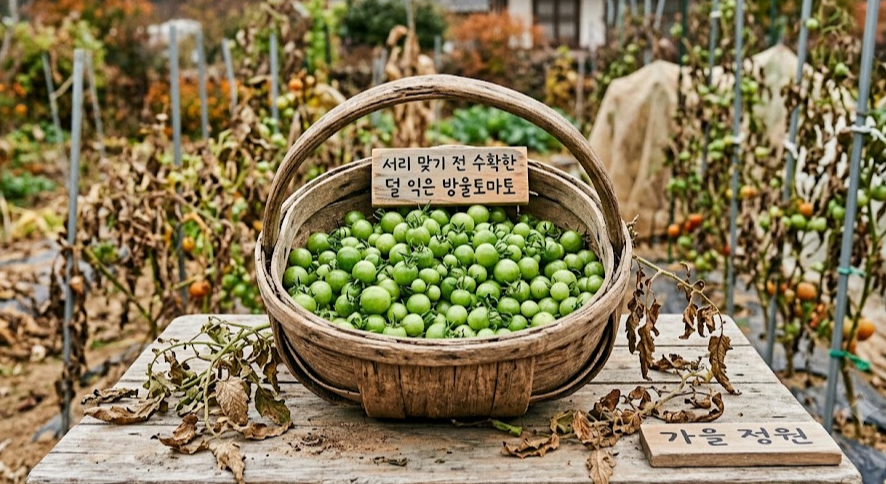 서늘한 가을날 텃밭에서 서리를 피해 수확한 덜 익은 파란색과 초록색 방울토마토들이 나무 바구니에 가득 담겨 있는 모습