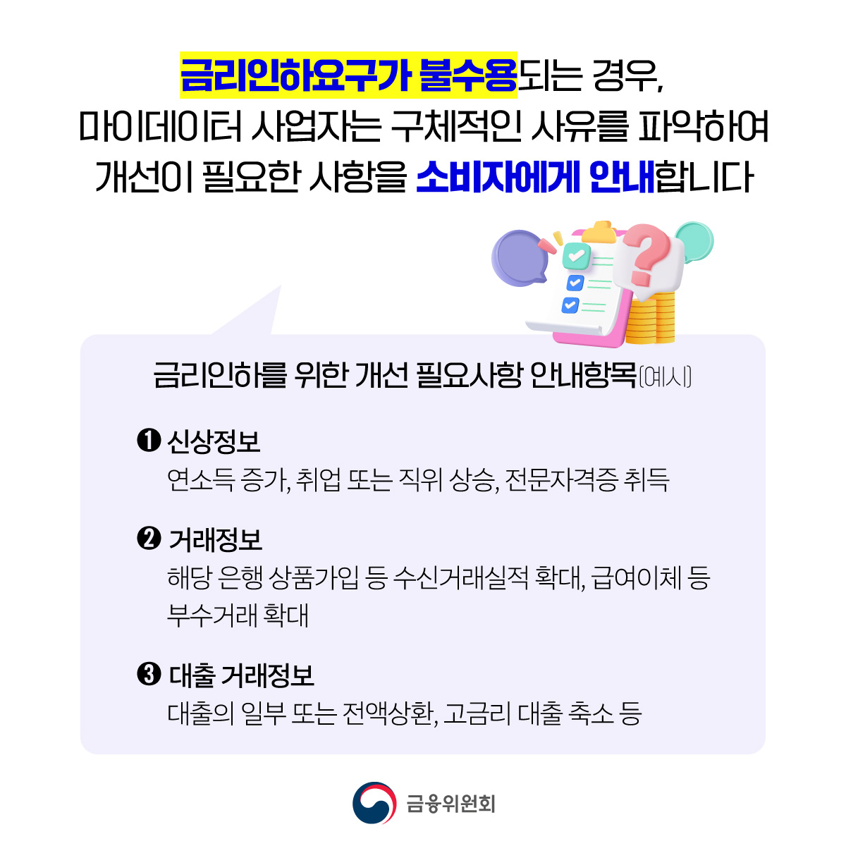 금리인하가 불수용되는 경우, 마이데이터 사업자는 구체적인 사유를 파악해 개선이 필요한 사항을 소비자에게 안내한다.