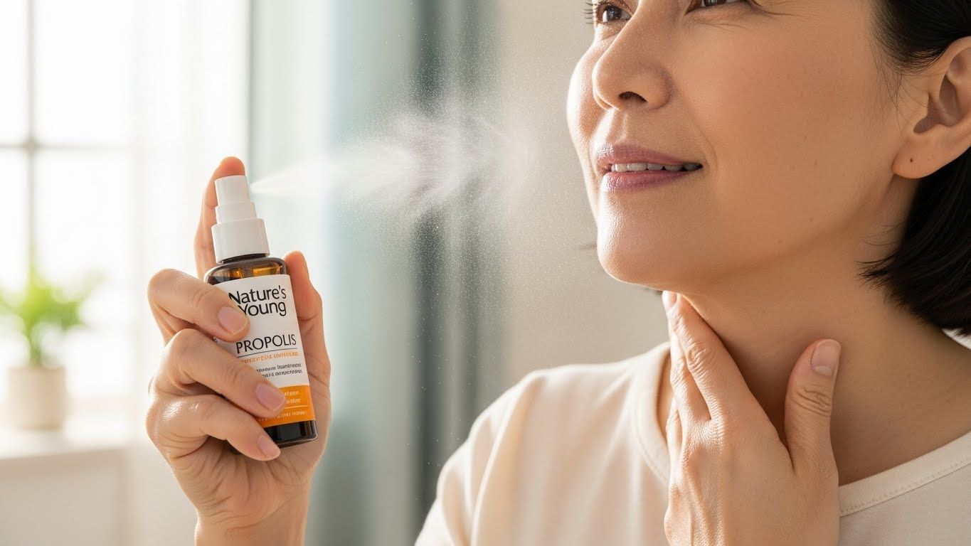 어른이나 아이(나이에 맞고 안전해 보이는)가 네이처스 영 프로폴리스 스프레이 병을 들고 목구멍에 뿌리는 방법을 시연하는 부드럽고 선명한 이미지