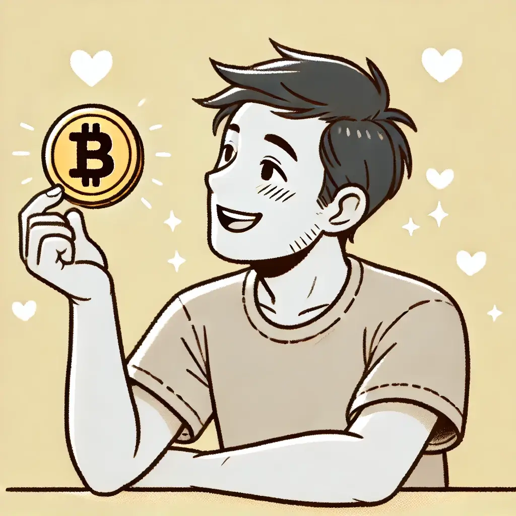 비트코인을 사랑스럽게 바라보는 남자의 모습