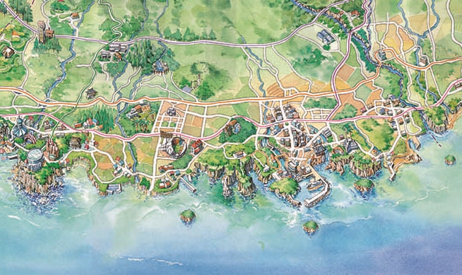 중문관광단지와 서귀로 시내의 일러스트 묘사