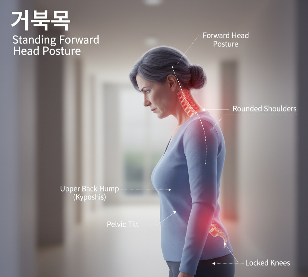 서 있는 거북목 자세, 어깨 말림과 골반 틀어짐을 보여주는 일러스트