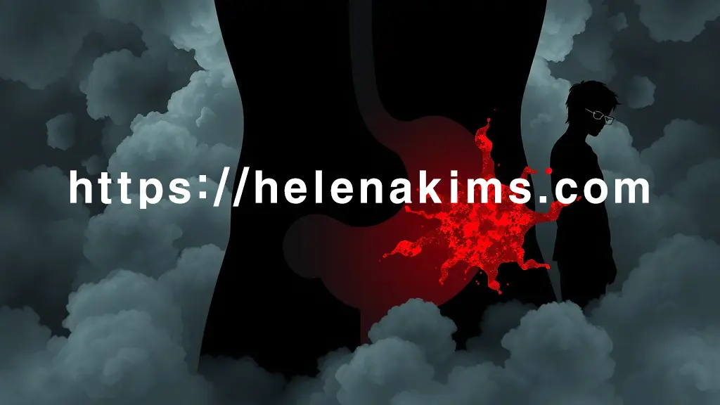 어둡고 신비로운 배경 속, 인체 위(stomach)의 실루엣이 중앙에 있고. 위를 감싸는 듯한 탁한 회색 구름과 혼란스러운 곡선들이 스트레스와 불안감을 상징하는 이미지.