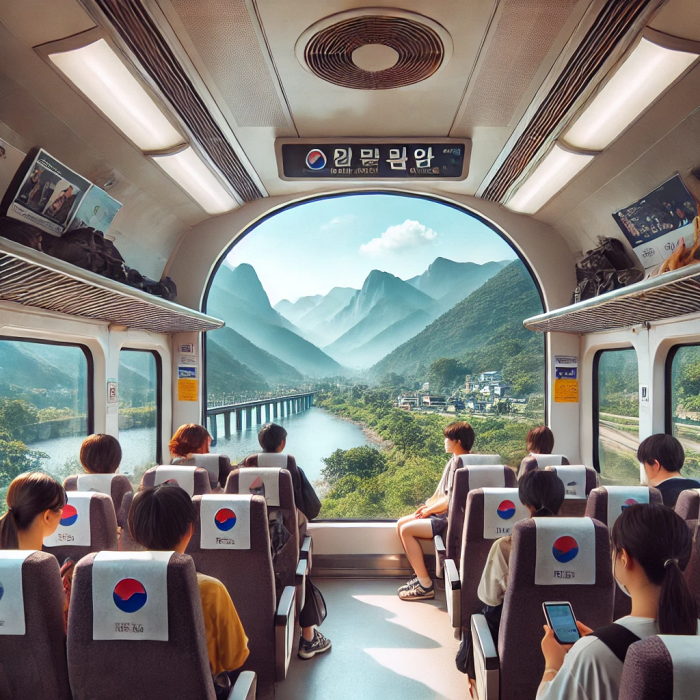 KTX 열차 내부 창가 좌석에서 강원도의 산과 강을 감상하는 승객들