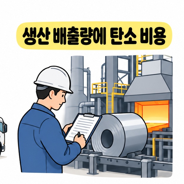 생산 배출량에 탄소 비용이라는 문구 아래 안전모를 쓴 담당자가 철강 코일과 가열 설비 옆에서 공정 기록을 확인하는 그림