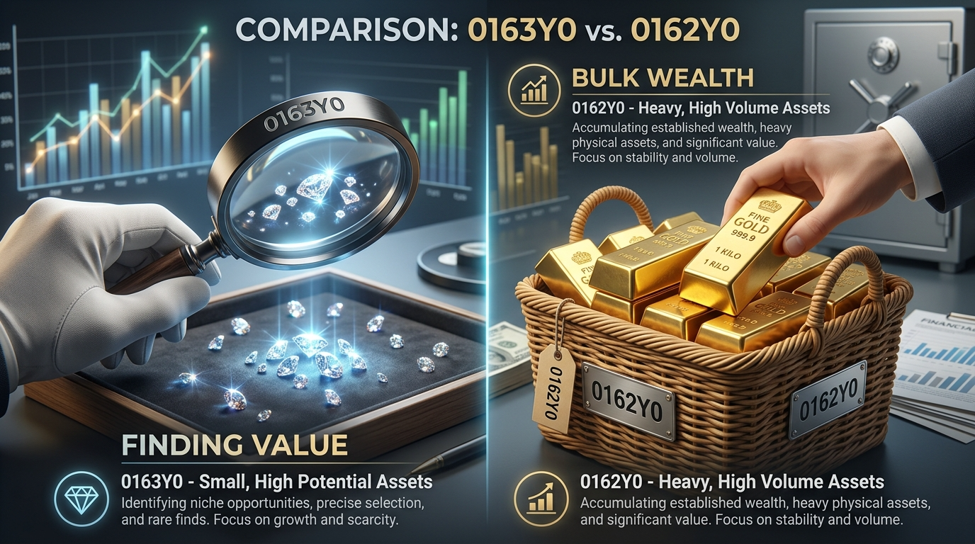 '0163Y0' 돋보기를 들고 작은 보석을 찾는 손과, '0162Y0' 큰 바구니에 묵직한 금괴를 담는 모습이 대비되는 3D 그래픽