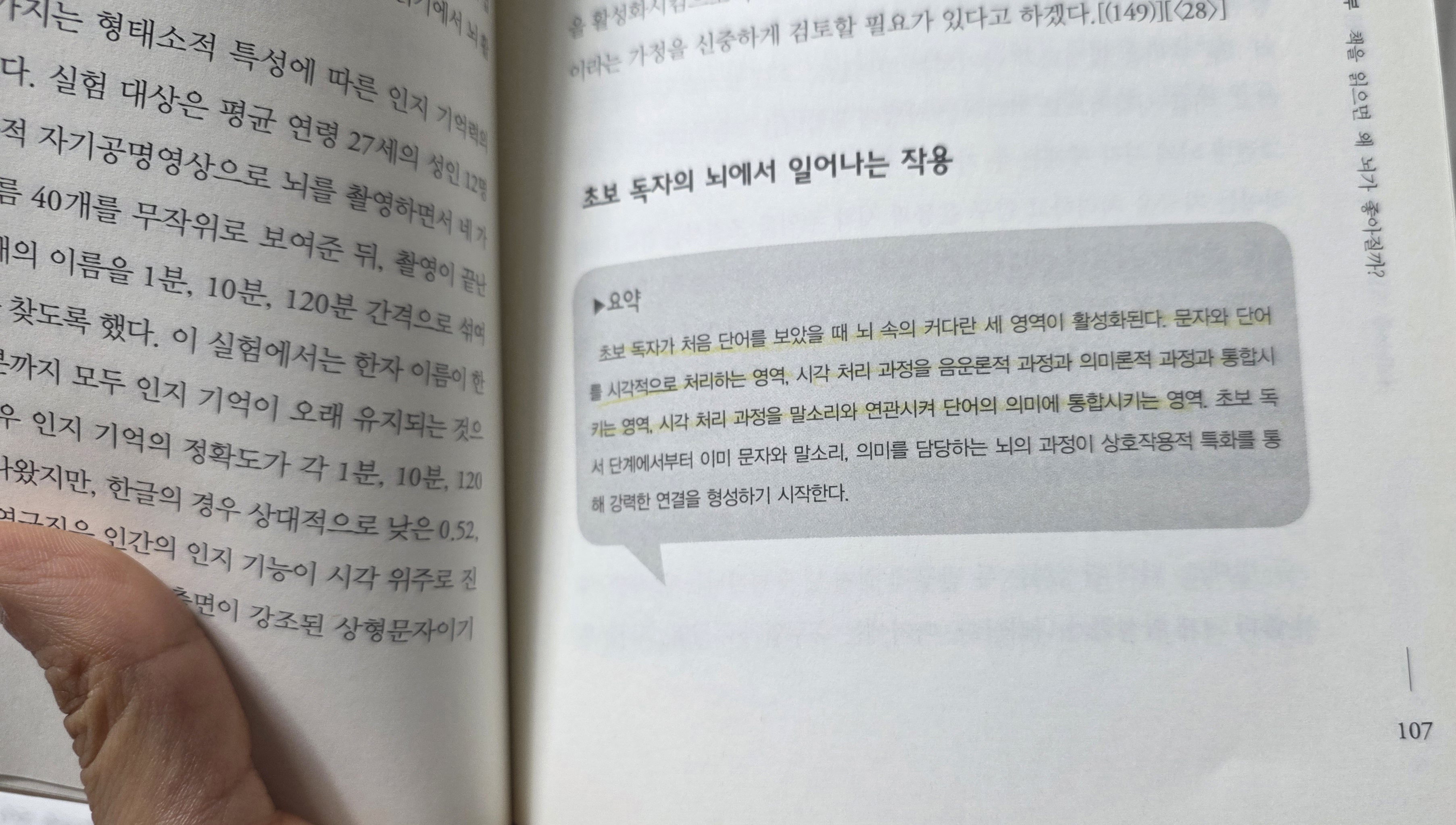 초보 독자의 뇌에서 일어나는 작용을 설명하고 있는 책 페이지