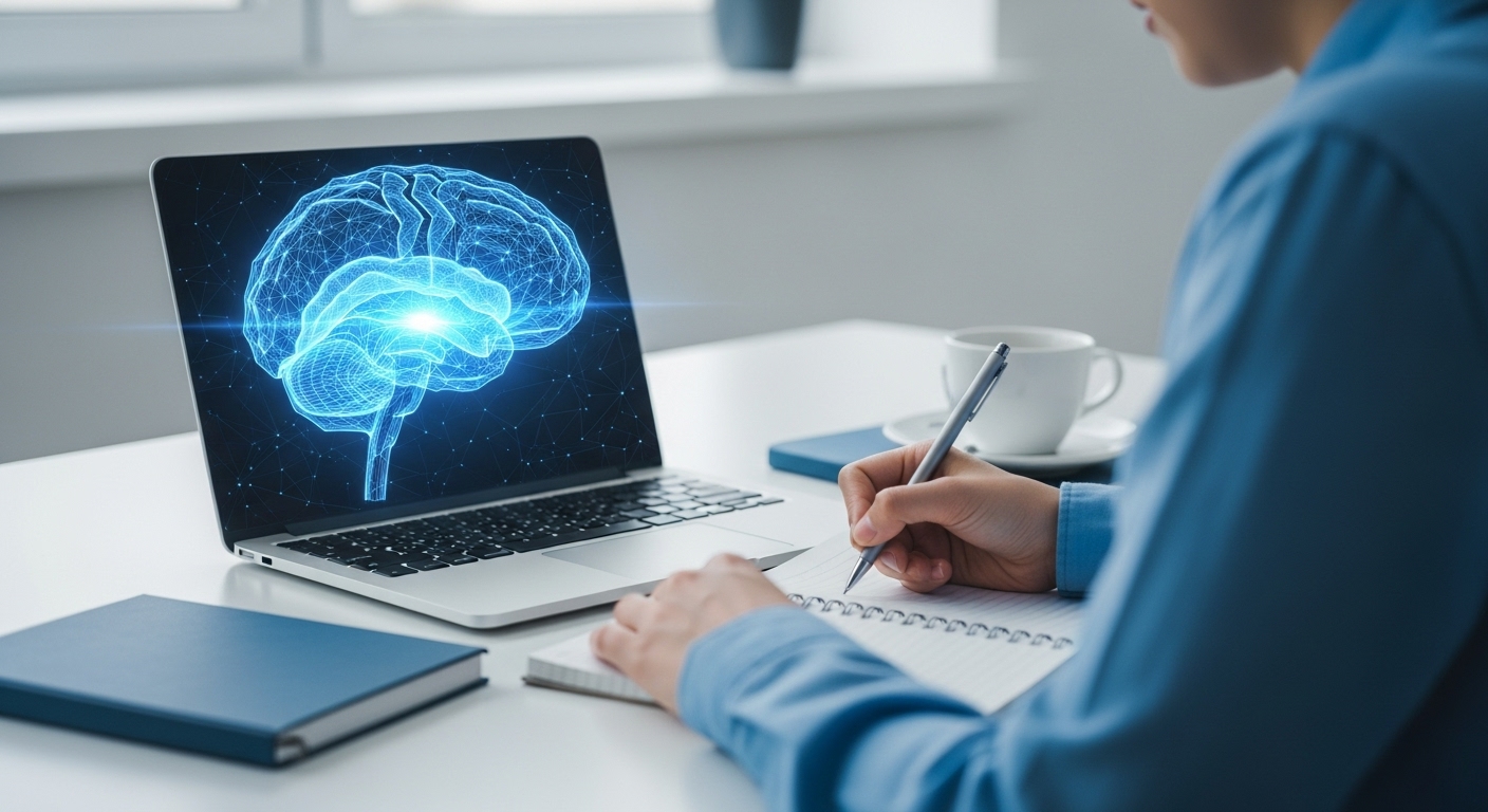 랩톱 화면의 빛나는 뇌를 보며 노트에 글을 쓰는 학생의 모습