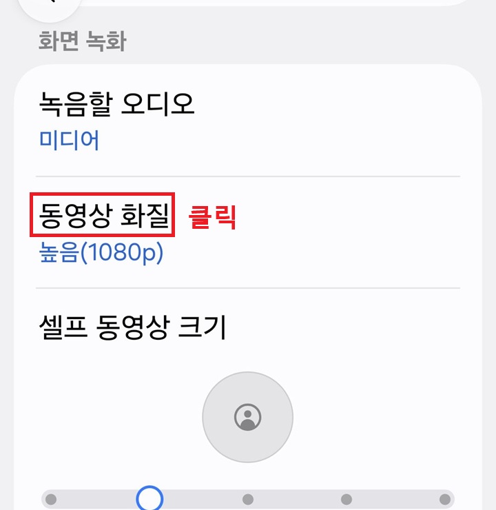 화면 녹화 카테고리에 동영상 화질 메뉴 보임