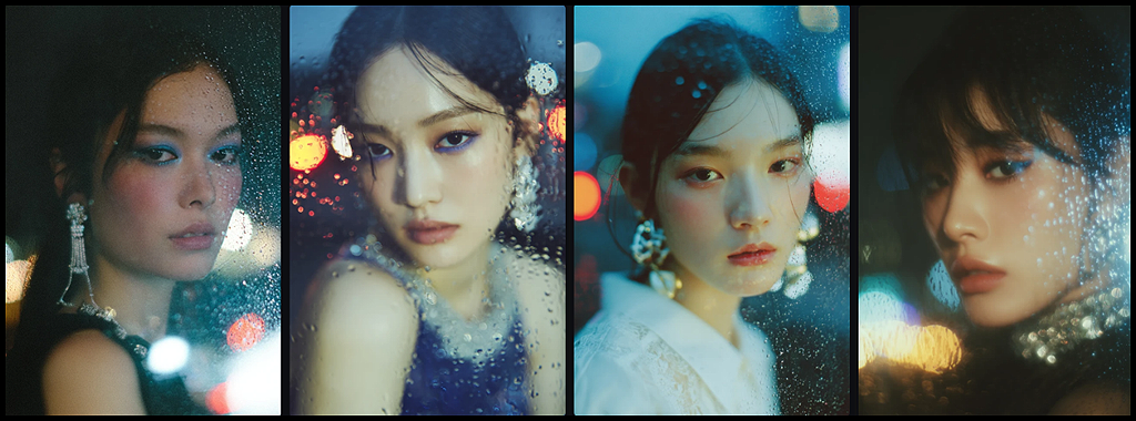 유리 표면을 근경으로 사용해 인물과 배경을 분리하고 감정 깊이를 강조한 인물 이미지_Midjourney