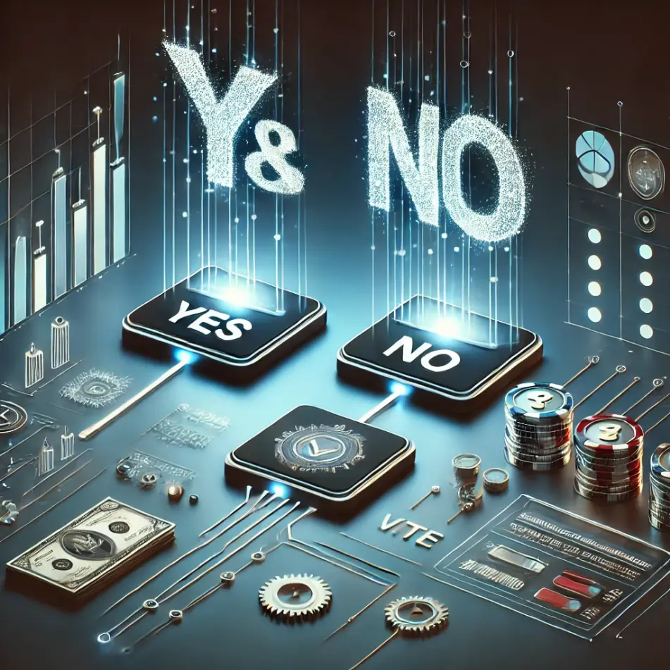 예측 시장과 블록체인을 상징하는 3D 일러스트 (YES/NO 선택, 데이터, 디지털 인터페이스)