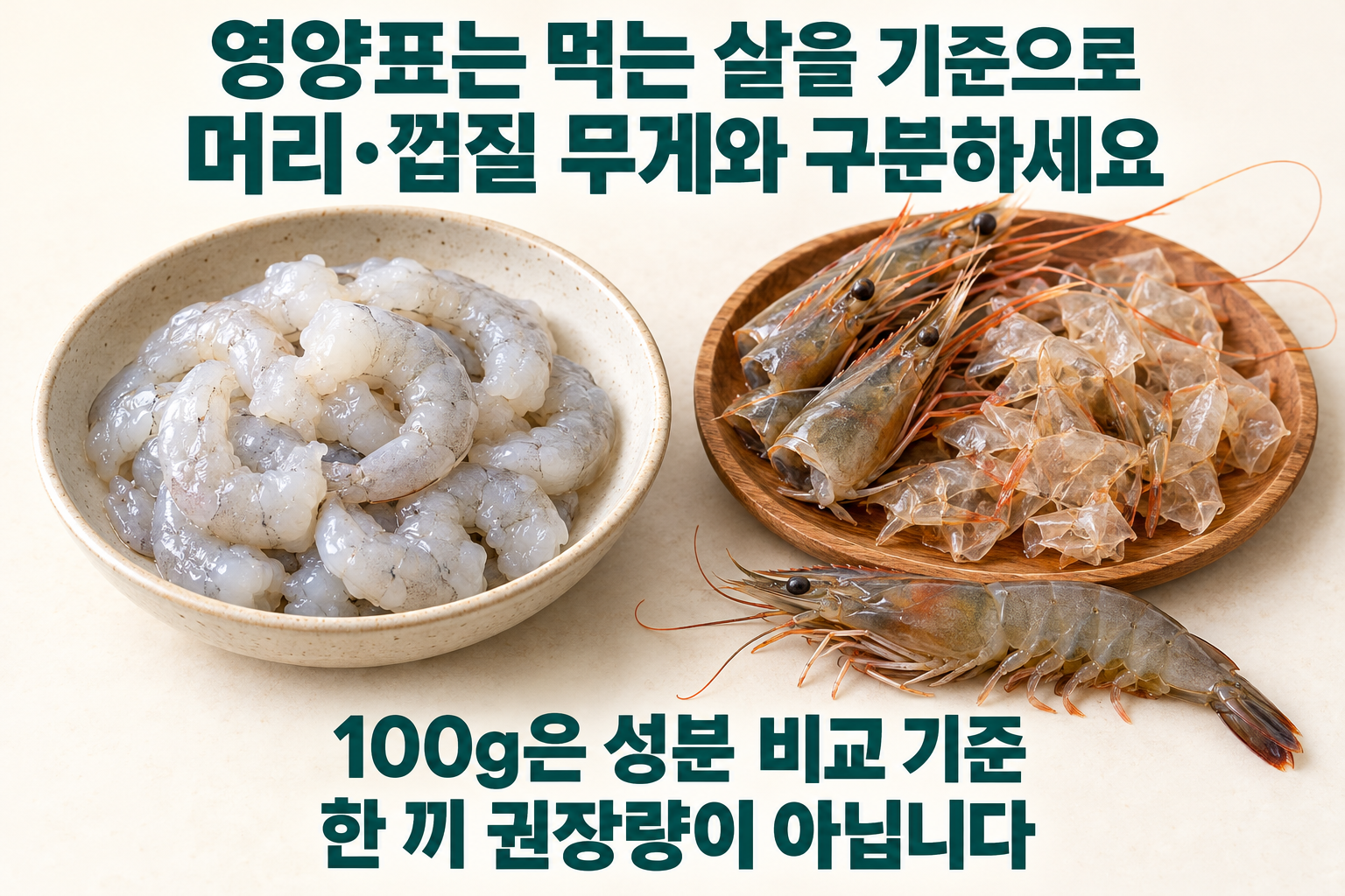 껍질을 벗긴 생대하 살과 머리&middot;껍질을 구분하고 100g의 의미를 설명한 비교