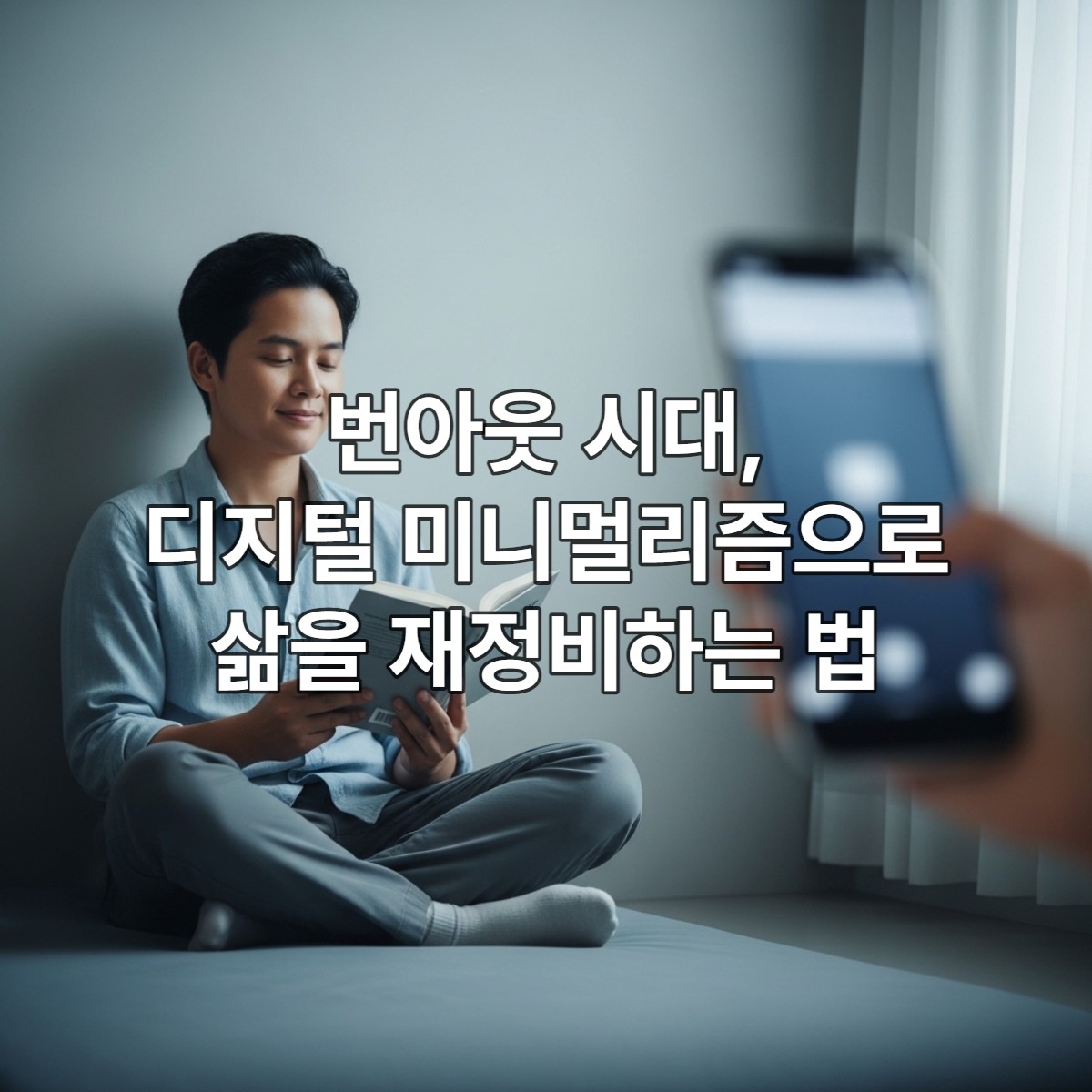 빛이 잘 드는 미니멀한 공간에서 차분한 표정으로 책을 읽는 사람. 옆에는 디지털 기기가 흐릿하게 놓여 있어, 디지털 미니멀리즘을 통한 집중과 평온함을 상징합니다.