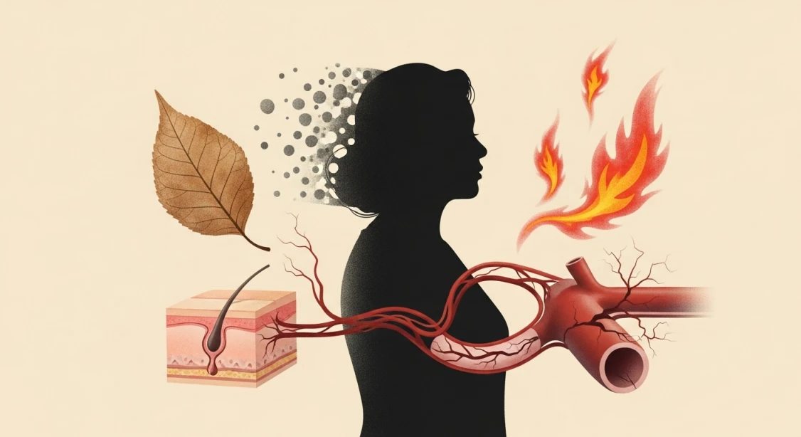 여성 호르몬 감소와 그로 인한 염증 증가 및 신체 기능 저하를 표현한 개념적인 이미지.