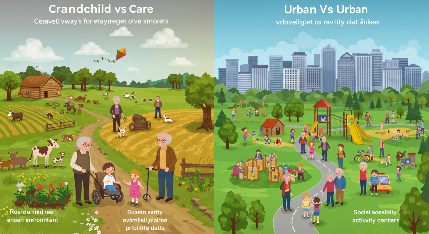 시골 vs 도시 손주 돌보기 그림 사진