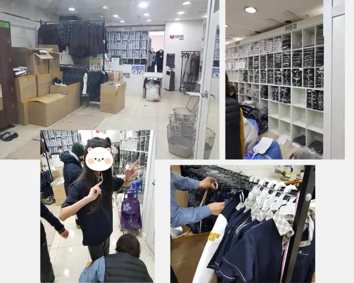 교복맞추는 날 학교에서 지정해준 매장에 사이즈별로 분리된 교복과 블라우스와 생활복