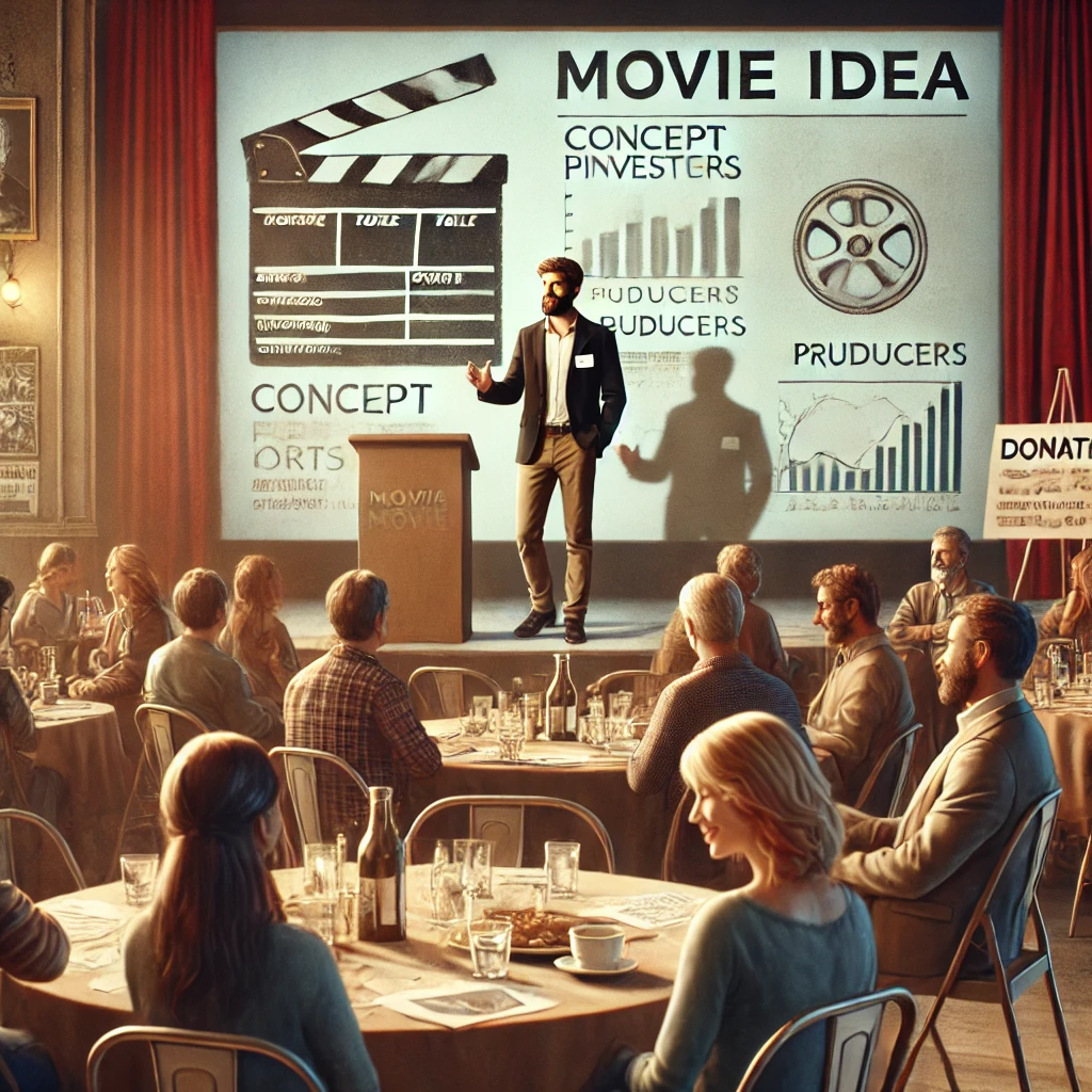 독립영화 감독이 촬영비를 얻기위해서 투자자들 앞에서 연설을 하고 있는 사진
