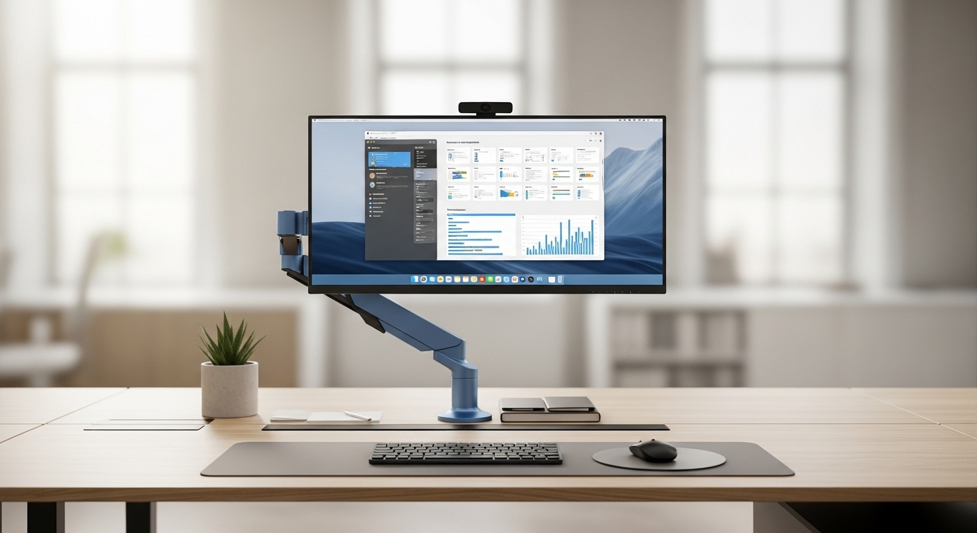 눈높이에 맞춰 조절된 모니터 암과 깔끔하게 정리된 작업 공간.