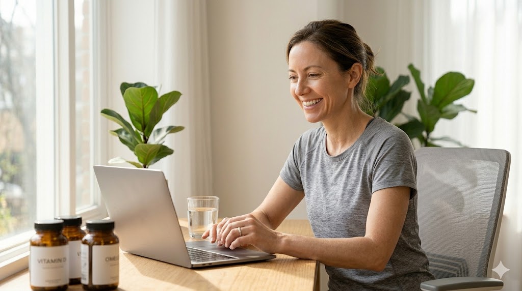 "스트레칭을 마친 후 어깨와 등이 곧게 펴진 자세로 밝고 환한 미소를 지으며 노트북 앞에 앉아 있는 직장인의 모습. 상쾌한 컨디션으로 업무 능률이 올라간 활기찬 라이프스타일을 상징하는 고화질 사진."