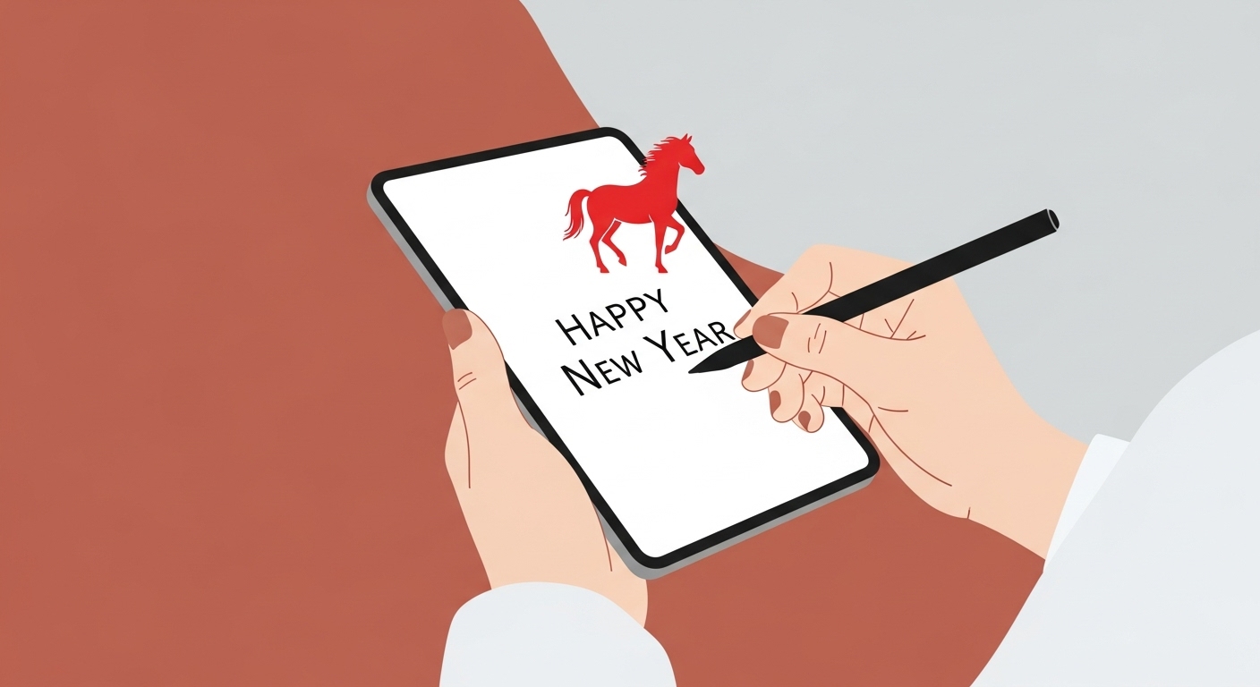 새해 인사 메시지를 작성하는 손과 디지털 기기, 붉은 말 아이콘이 어우러진 현대적인 감성의 이미지.