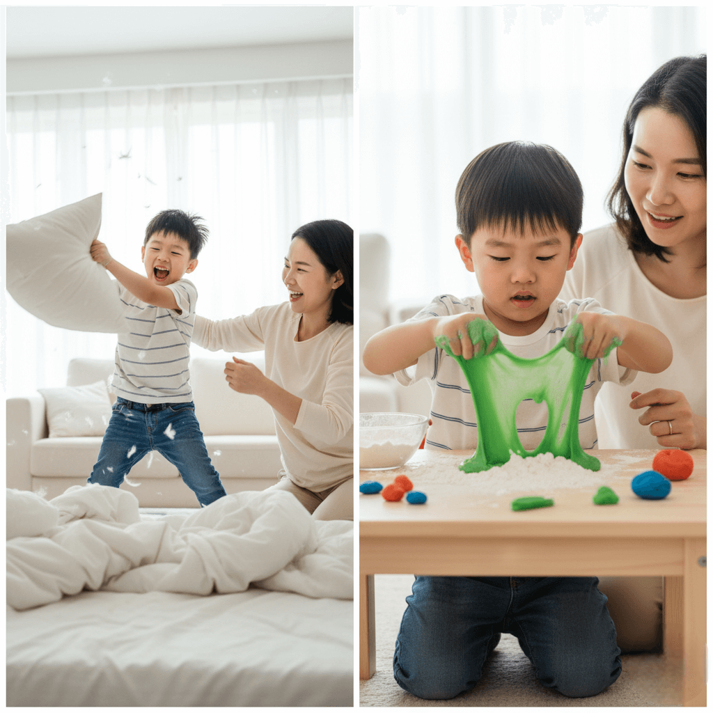 베개싸움,촉감놀이,블록넘어뜨리기,예민함해소,집에서하는놀이