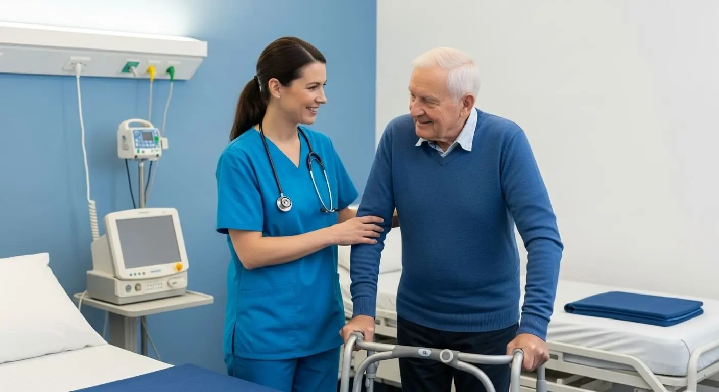섬망 환자를 위한 전문 간병 서비스 장면. 낙상 방지 보행기를 사용하는 노인 환자를 간병인이 안전하게 돕고 있으며, 욕창 방지 매트리스 등 의료 기기가 배치된 모습을 담고 있음.