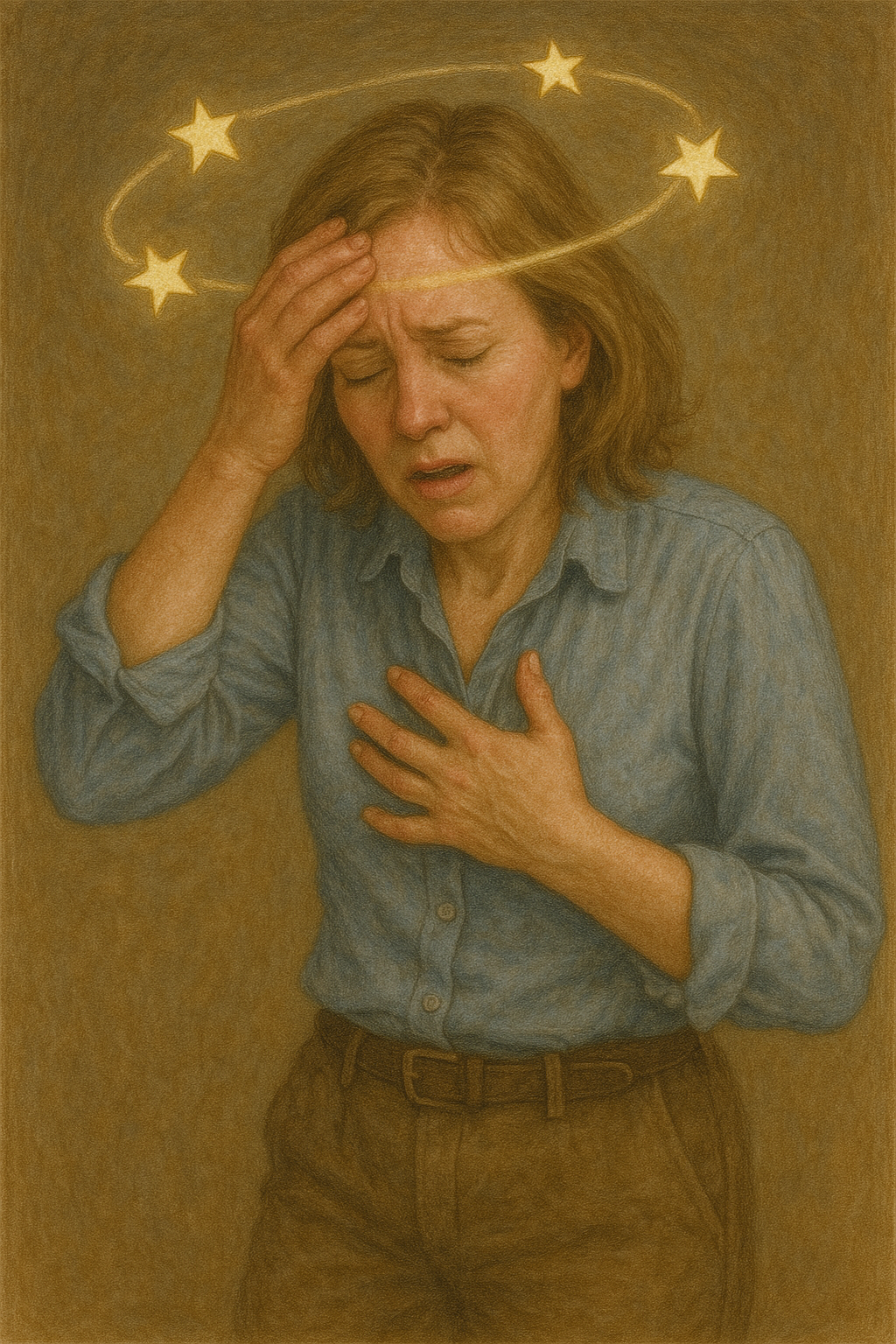 저혈압으로 인한 어지럼증을 겪는 여자 모습