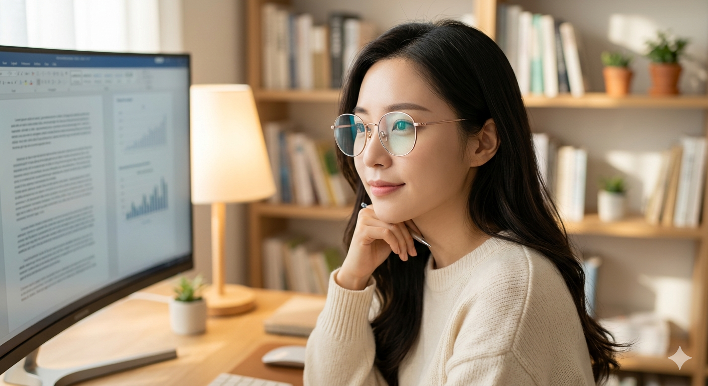 "현대적인 안경테에 블루라이트 차단 렌즈를 착용한 여성이 따뜻한 빛 아래 컴퓨터 모니터를 바라보는 건강 정보 블로그 이미지"