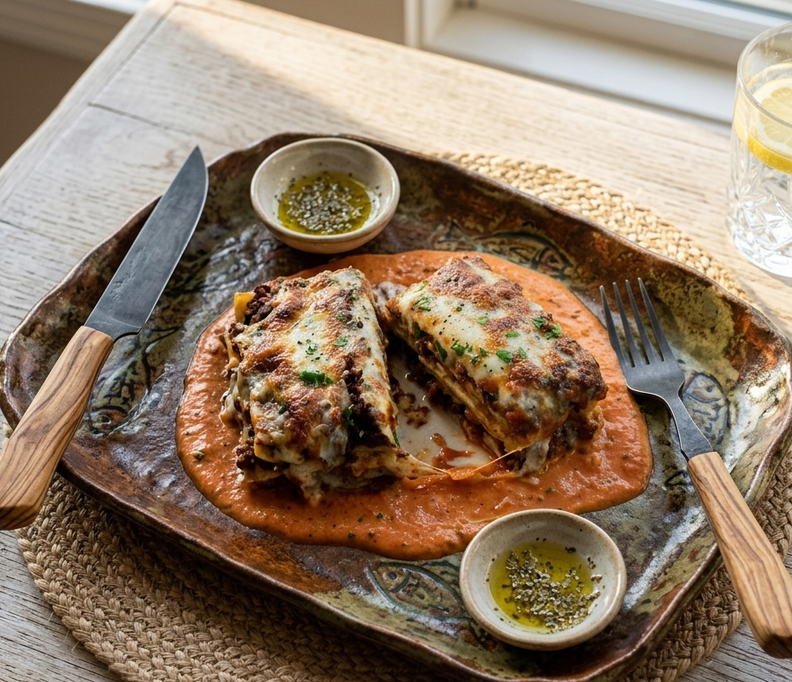 보라카이의 감성 식탁 빈티지한 핸드메이드 세라믹 사각 접시에 정갈하게 담긴 홈메이드 라자냐와 올리브 나무 커틀러리 및 레몬 워터 연출