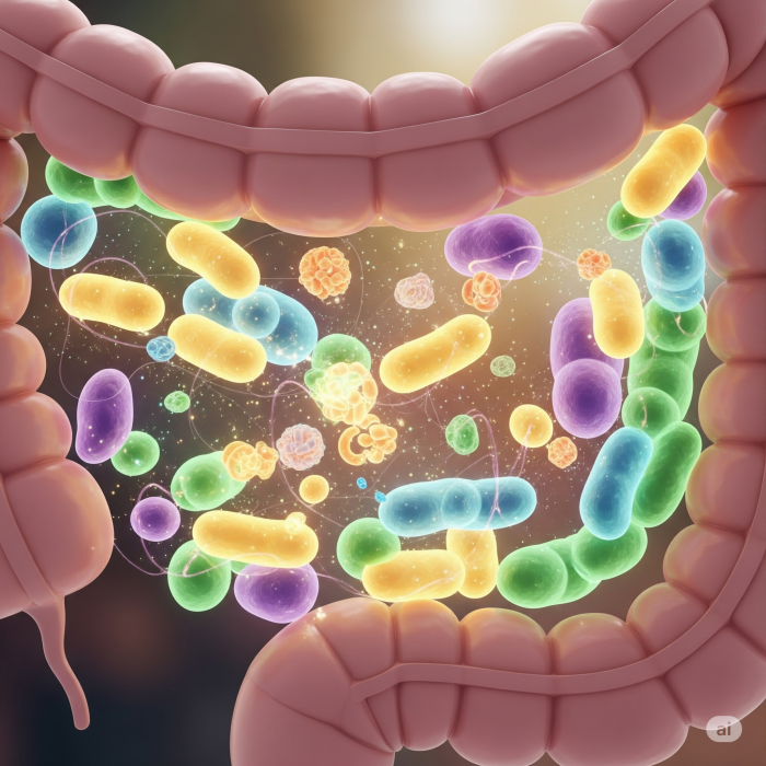 건강한 장내 환경을 추상적으로 표현한 이미지입니다. 활기차고 긍정적인 느낌을 주는 다채로운 색상의 프로바이오틱스 유산균이 장내에서 활발하게 활동하는 모습을 시각화했습니다.